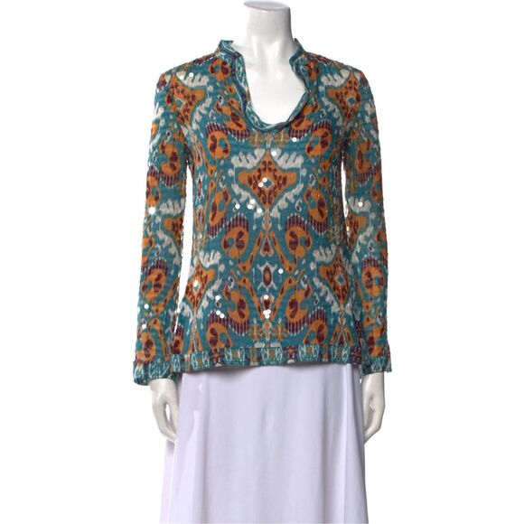 Tory Burch Blue Silk Printed Cowl Neck Blouse XS – Long Sleeve Boho Top - Picture 1 of 2